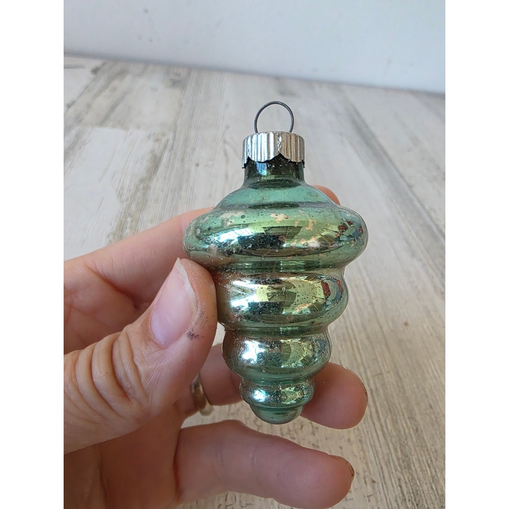 Mini shiny Brite tornado green mercury glass ornament Xmas tree